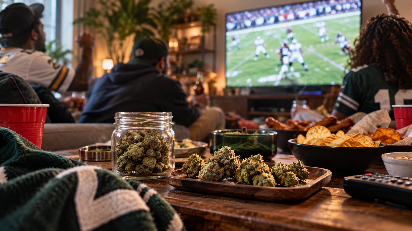 Friends watching football with cannabis jars and snacks on coffee table